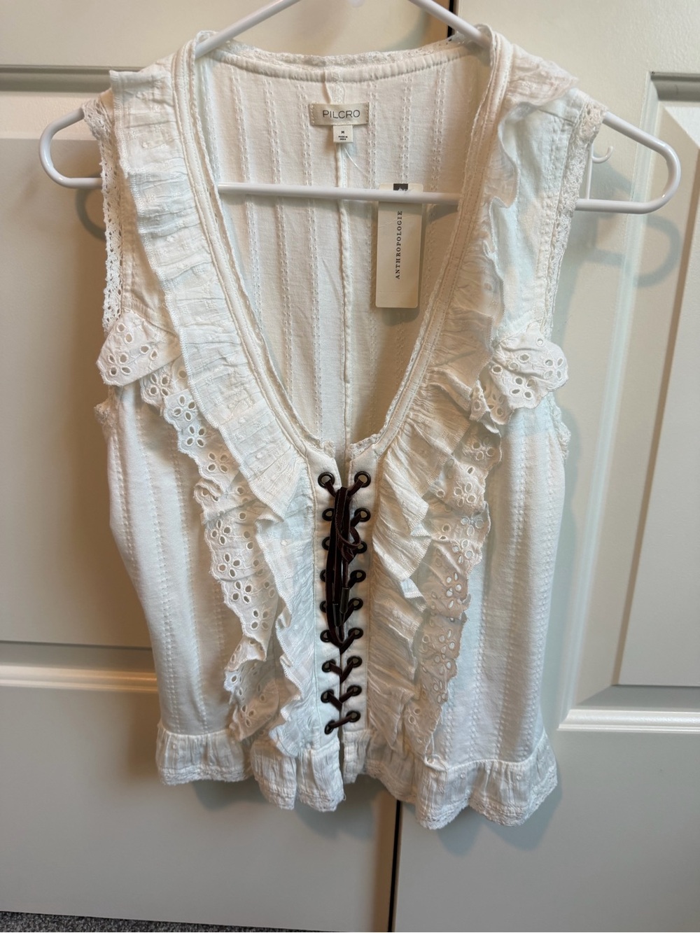 Pilcro White Ruffle Eyelet Lace-Up Camisole